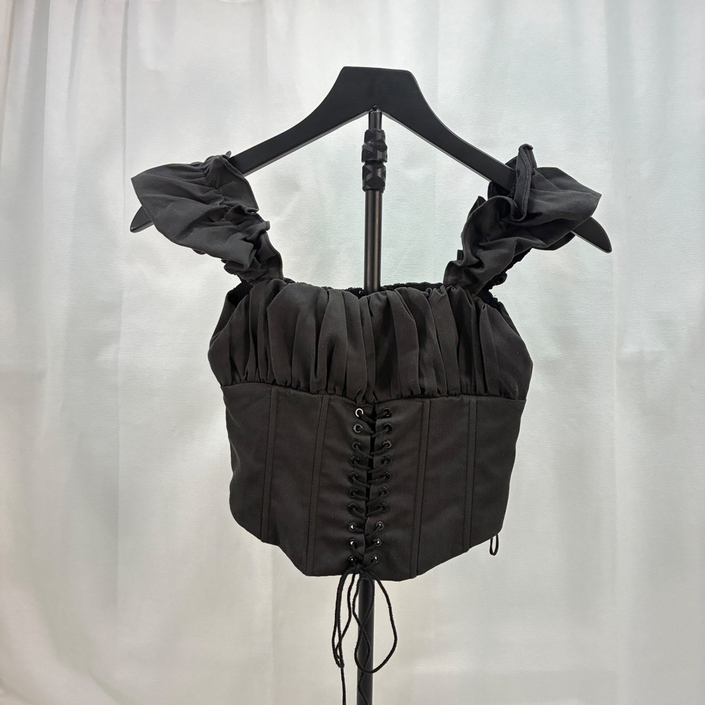 Princess Polly Corset Milkmaid Top Women Small Black Lace Up Ruffle Sleeve Goth